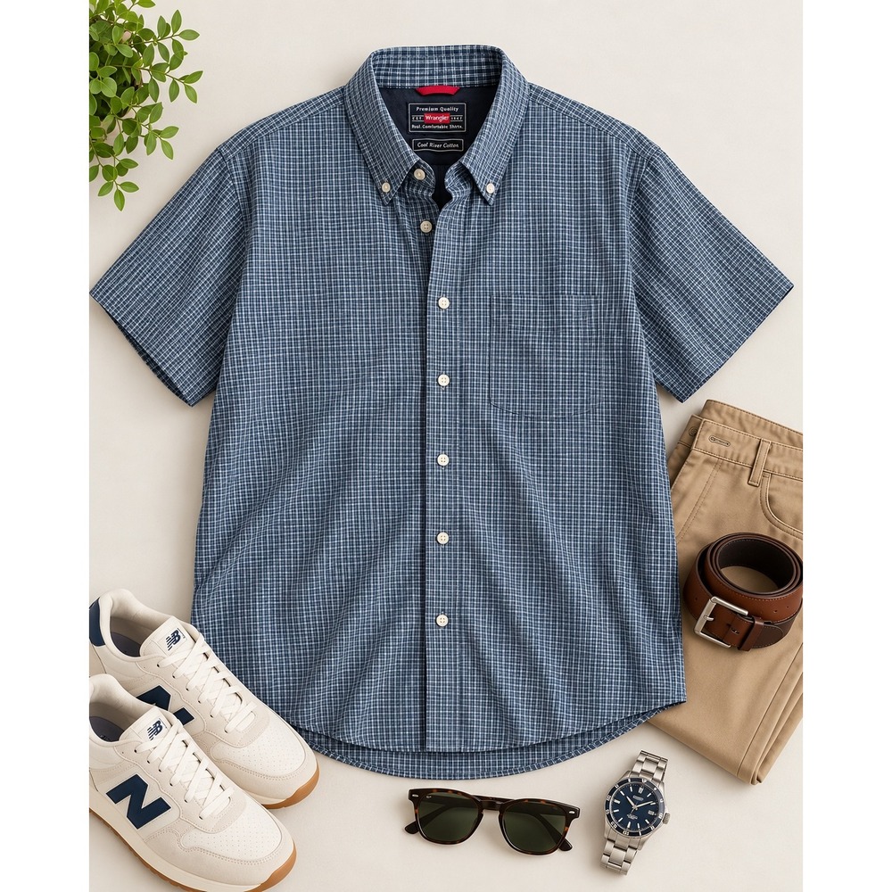 Wrangler Mens Blue Micro Check Cool River Cotton Short Sleeve Button Down Shirt